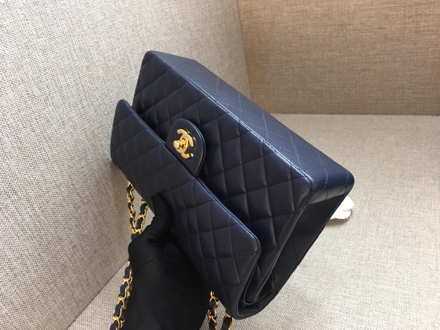 Medium Classic Flap Lambskin Bag AO1112 Dark Blue/Gold